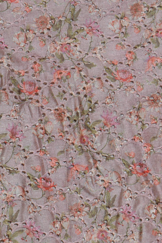 Brown Flower Print Tuscarora Chikan Work Fabric