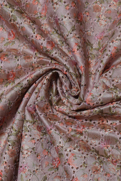 Brown Flower Print Tuscarora Chikan Work Fabric