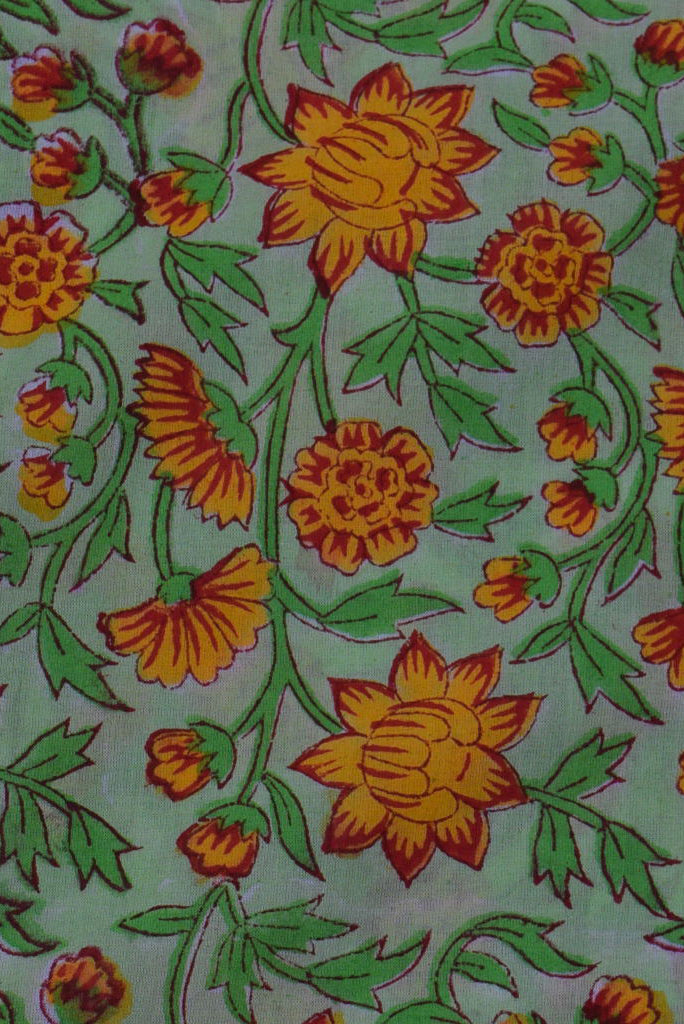 Green Flower Print Pure Hand Block Cotton Fabric