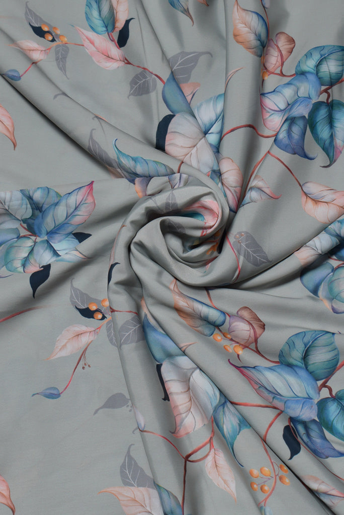 Gray Flower Print Powder Crepe Fabric