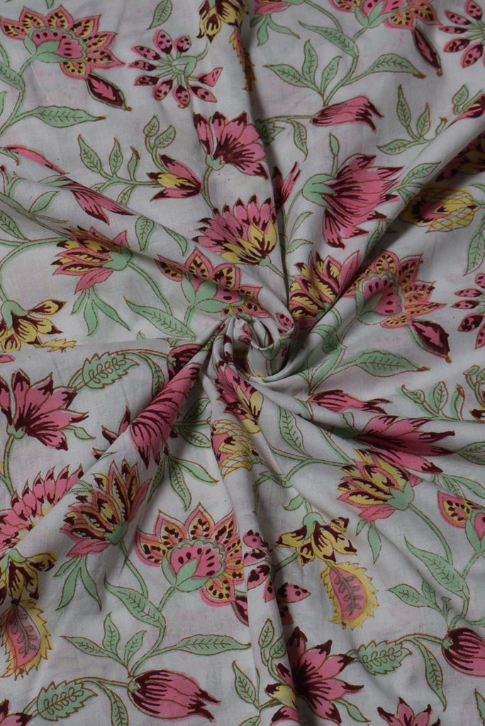 (Cut Piece 0.80 Mtr) Multicolor Flower Print Pure Hand Block Cotton Fabric