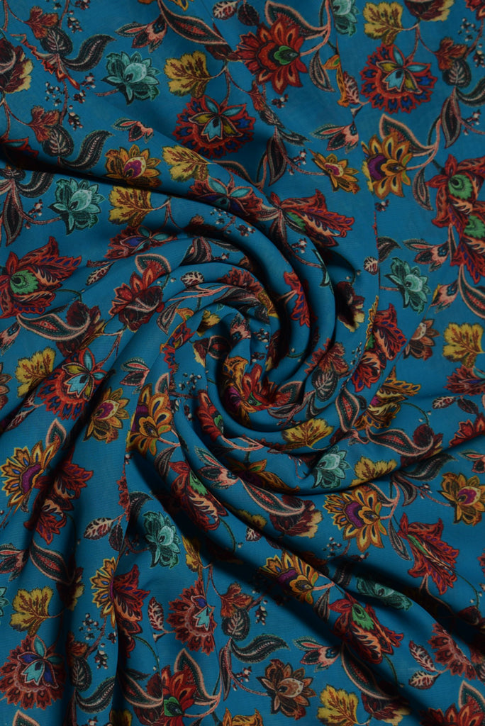 Blue Flower Print Super Digital Georgette Fabric