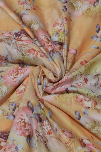 Yellow Flower Print Heavy Muslin Fabric