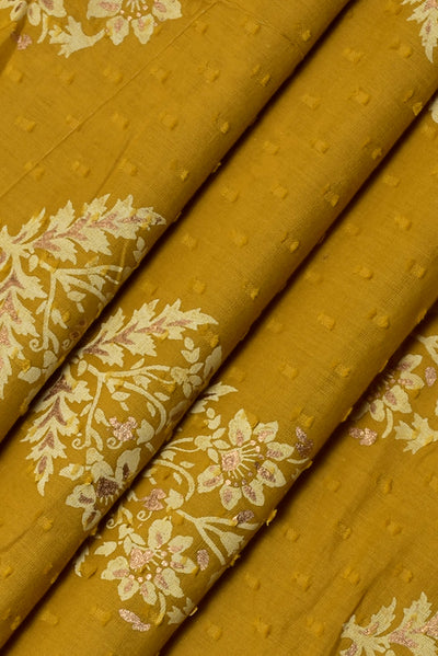 Dark Yellow Self Design Gold Buta Print Cotton Fabric