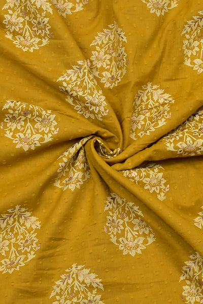 Dark Yellow Self Design Gold Buta Print Cotton Fabric