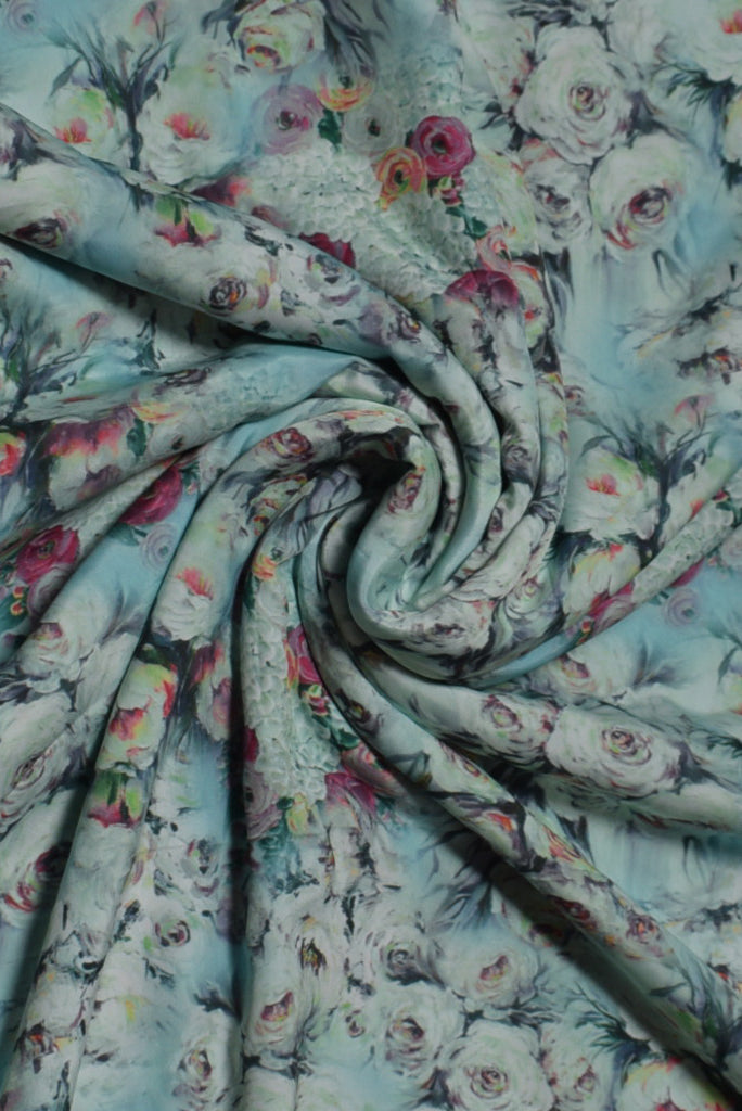 Sky Blue Flower Print Powder Crepe Fabric