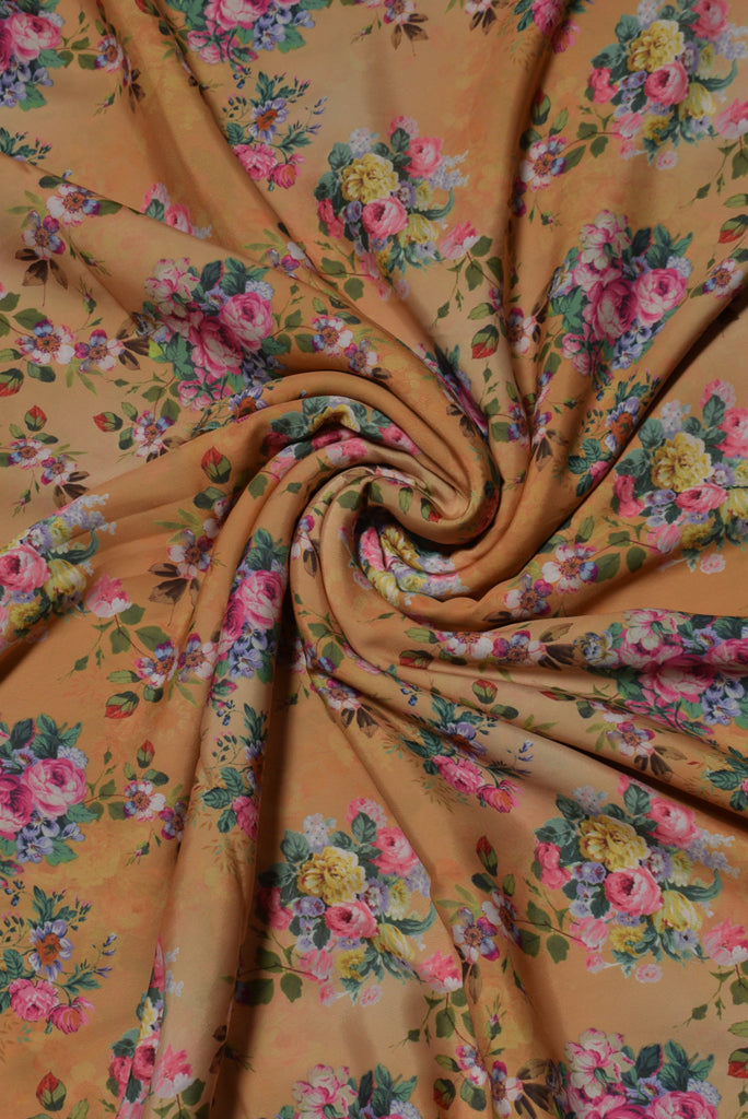 Yellow Flower Print Powder Crepe Fabric