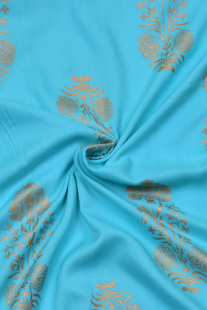 Sky Blue Gold Flower Print Rayon Fabric