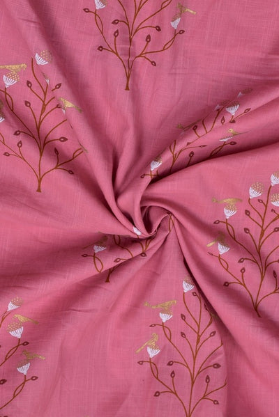 Pink Gold Flower Print Cotton Cambric Fabric