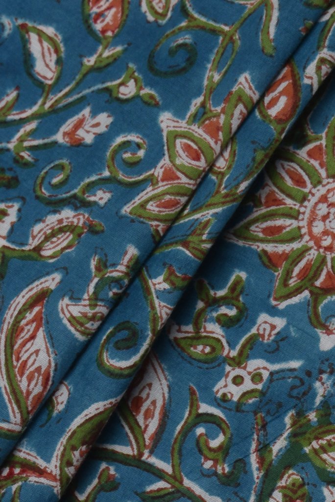 (Cut Piece 0.65 Mtr) Blue Flower Print Cotton Fabric