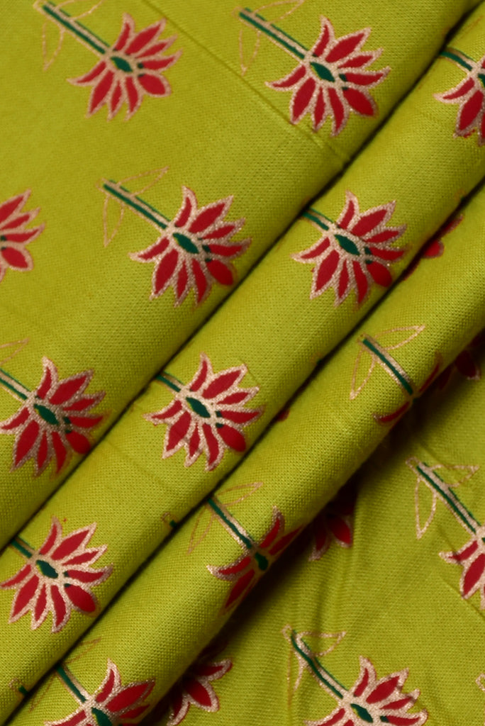Green Gold Flower Print Rayon Fabric