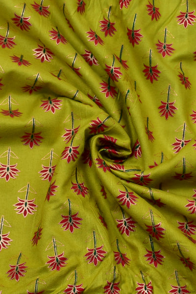 Green Gold Flower Print Rayon Fabric