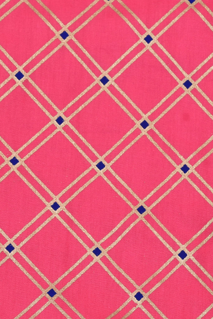 Pink Gold Checks Print Rayon Fabric