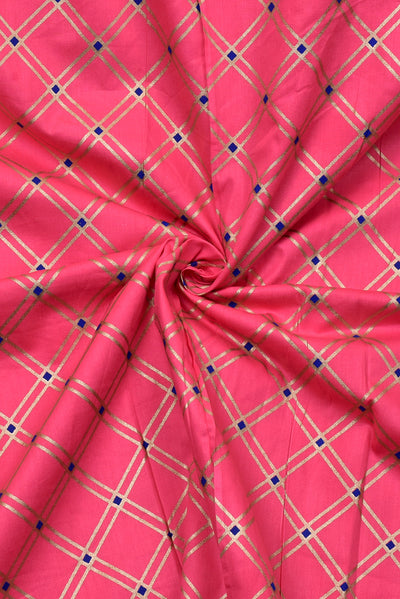 Pink Gold Checks Print Rayon Fabric