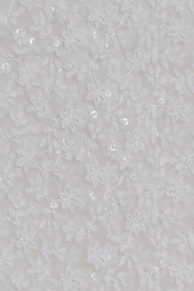 (Cut Piece 0.50 Mtr) White Flower Print Lucknawi Kashida Work Georgette Fabric