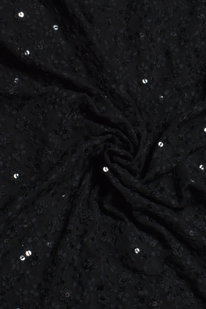 Black Flower Print Lucknawi Kashida Work Digital Georgette Fabric