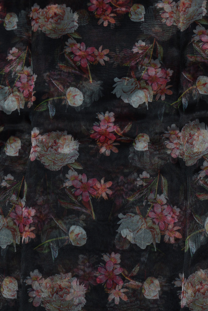 Black Flower Print Digital Organza Tissue Fabric