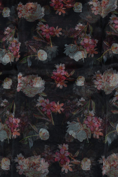 Black Flower Print Digital Organza Tissue Fabric