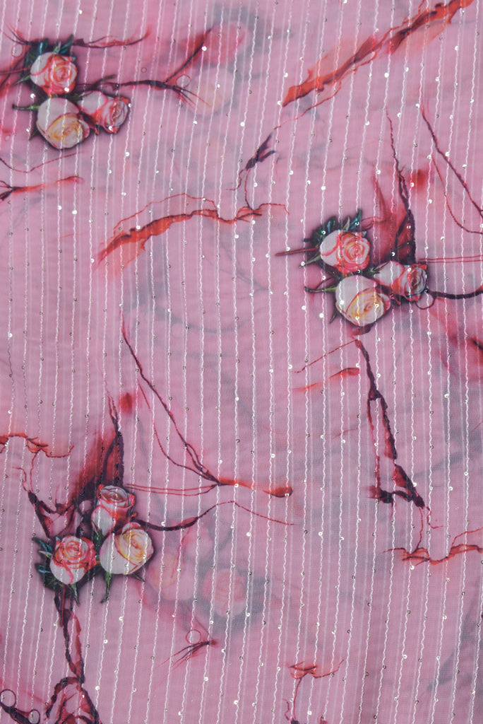(Cut Piece 0.65 Mtr) Pink Flower Print Sequence Work Digital Georgette Fabric
