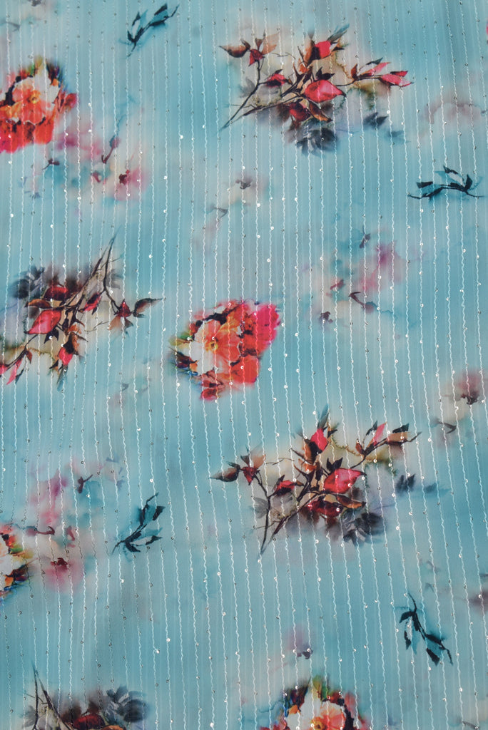 Blue Flower Print Sequence Work Digital Georgette Fabric
