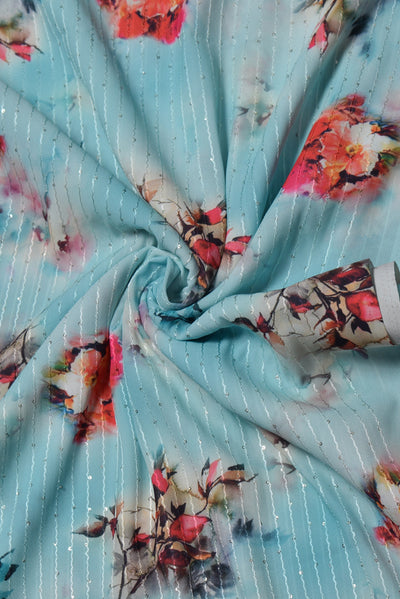 Blue Flower Print Sequence Work Digital Georgette Fabric