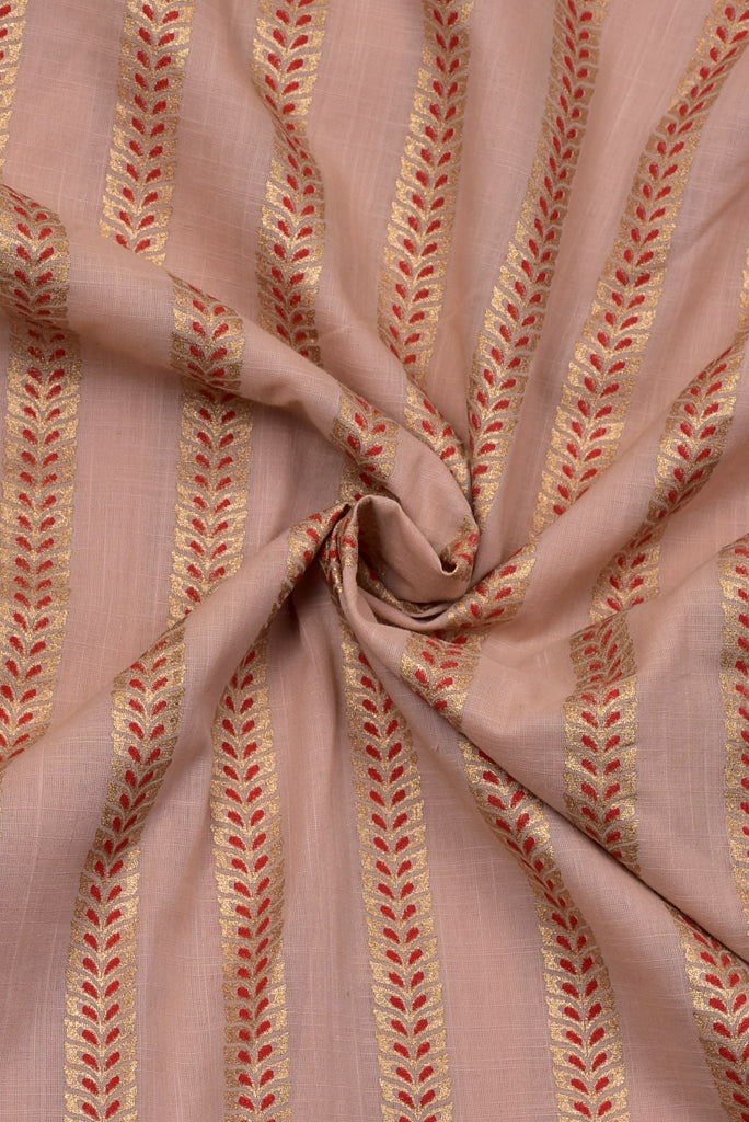 Rose Red & Gold Leaf Print Cotton Slub Fabric