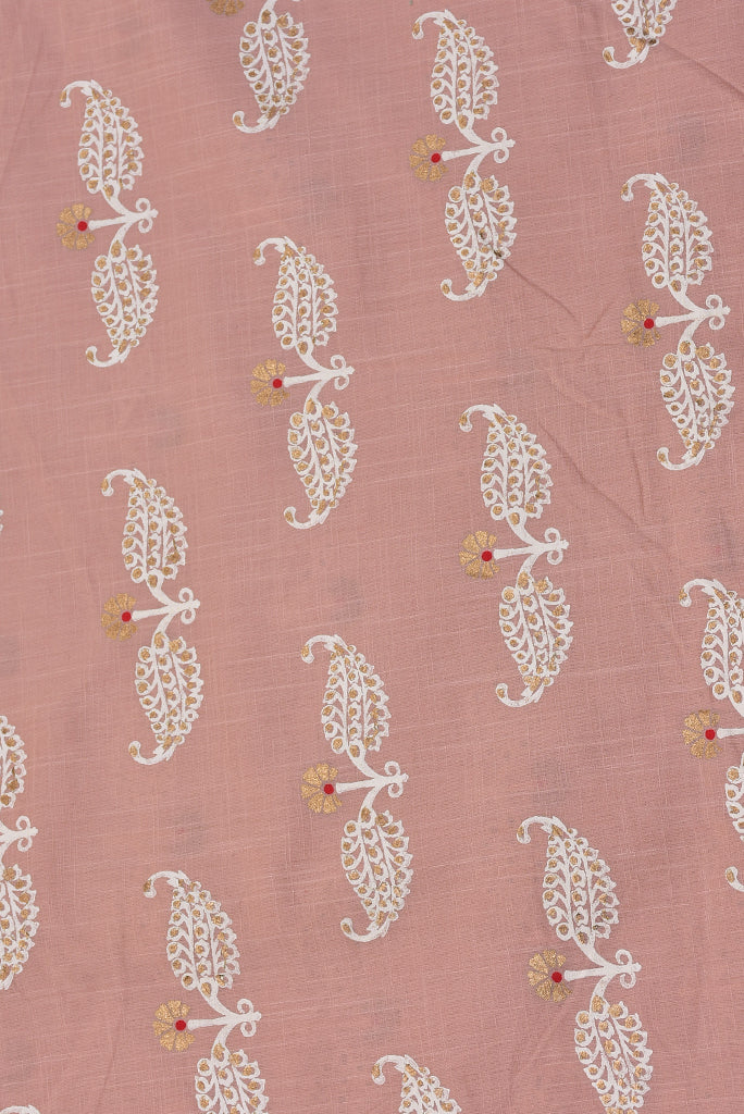 Oriental Pink & Gold Leaf Print Cotton Fabric
