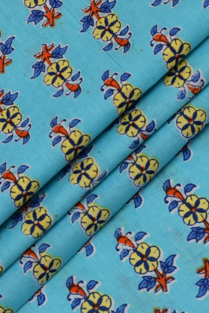 (Cut Piece 0.50 Mtr) Sky Blue Flower Print Cotton Fabric