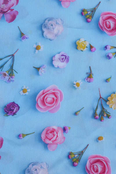 Sky Blue Flower Print Digital Crepe Fabric