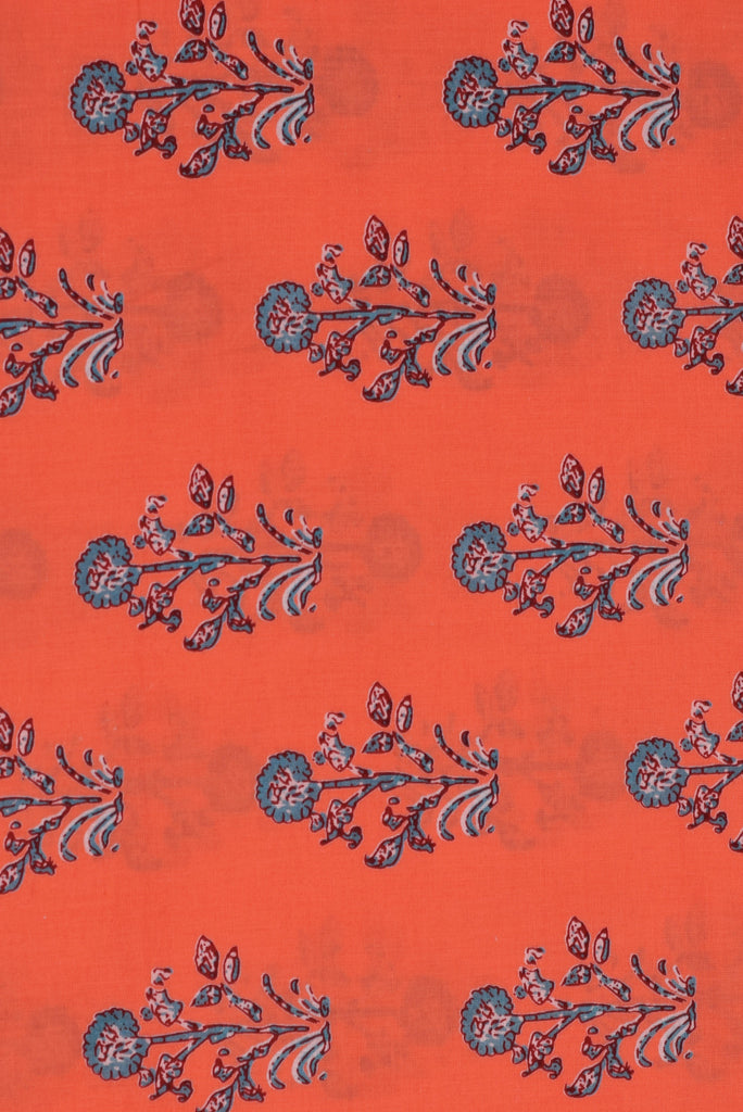 Orange Flower Mughal Print Cotton Fabric