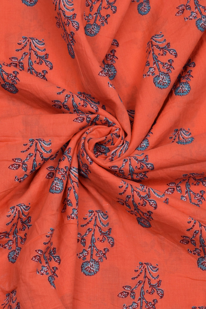 Orange Flower Mughal Print Cotton Fabric