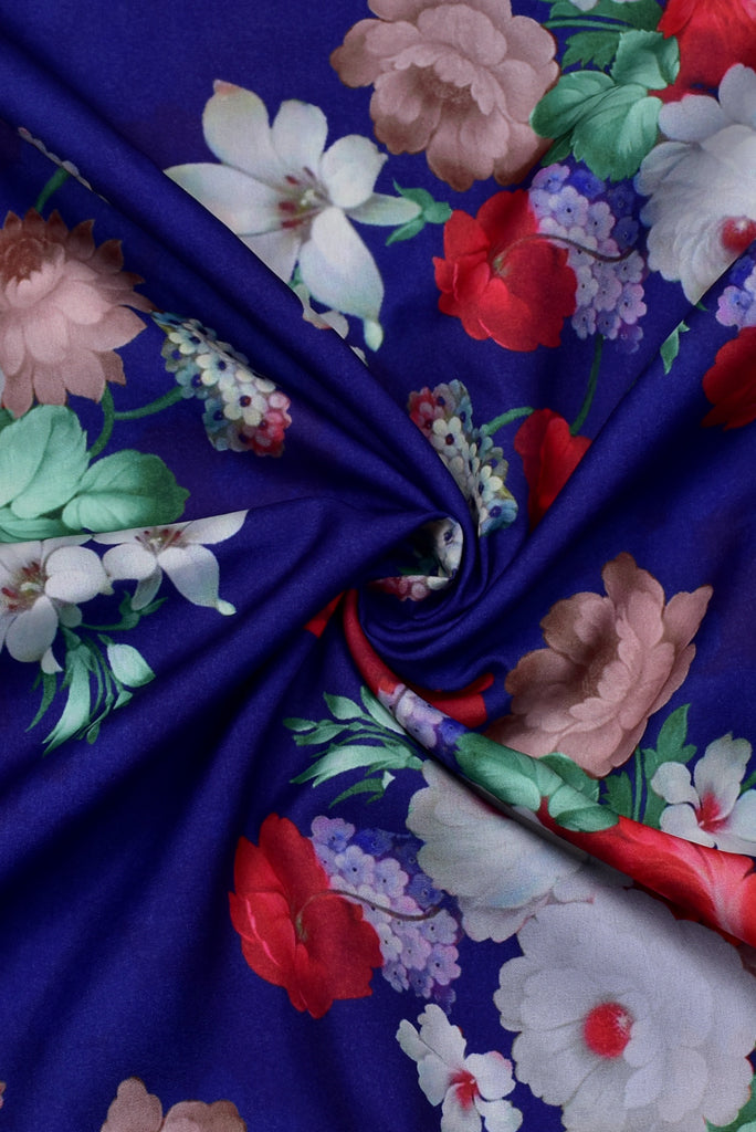 Dark Blue Flower Print Digital Crepe Fabric