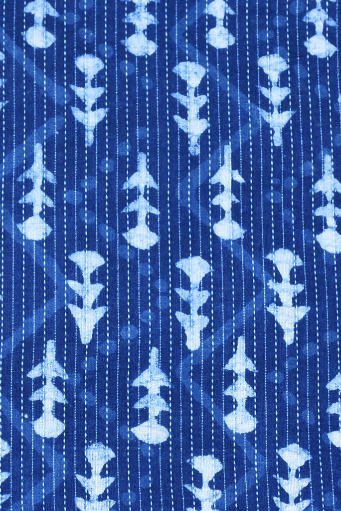 (Cut Piece 0.65 Mtr) Blue Flower Print Kantha Cotton Fabric