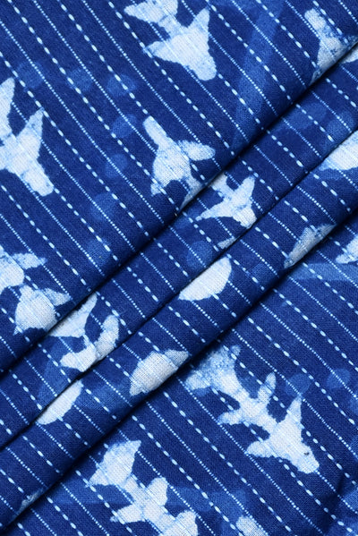 (Cut Piece 0.65 Mtr) Blue Flower Print Kantha Cotton Fabric