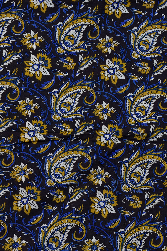 (Cut Piece 0.65 Mtr) Blue & Brown Flower Print Handblock Cotton Fabric