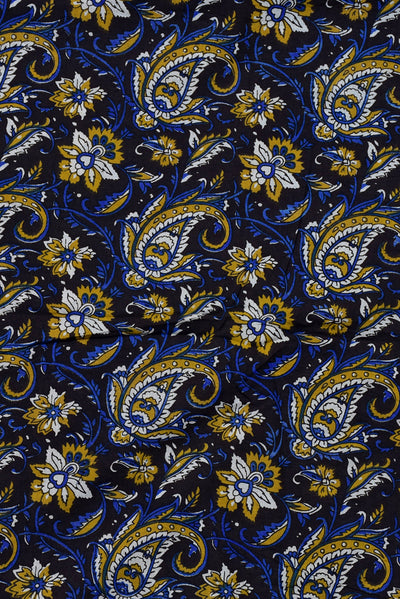 (Cut Piece 0.65 Mtr) Blue & Brown Flower Print Handblock Cotton Fabric