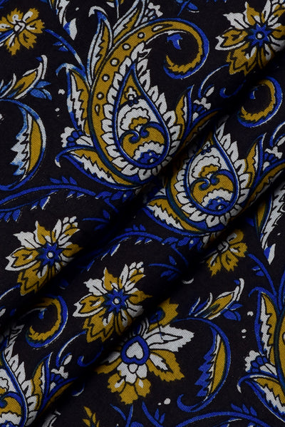 Blue & Brown Flower Print Handblock Cotton Fabric