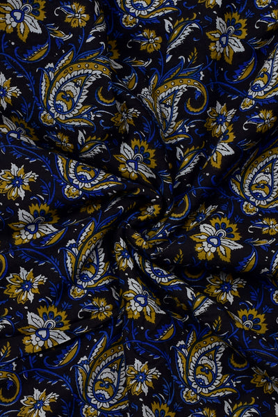 (Cut Piece 0.65 Mtr) Blue & Brown Flower Print Handblock Cotton Fabric