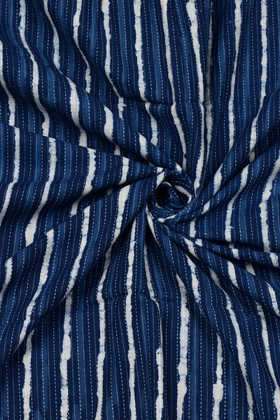 Blue Stripes Print Kantha Cotton Fabric