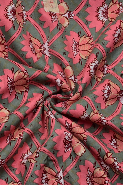 Gray & Pink Flower Print Rayon Fabric
