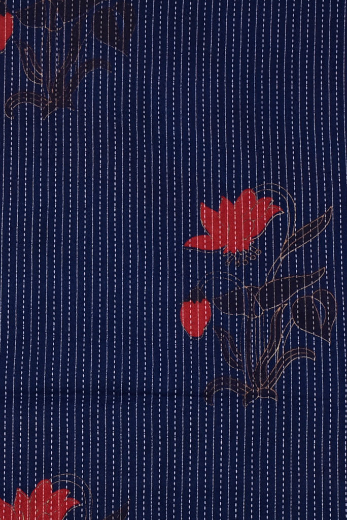 Dark Blue Flower Print Kantha Cotton Fabric