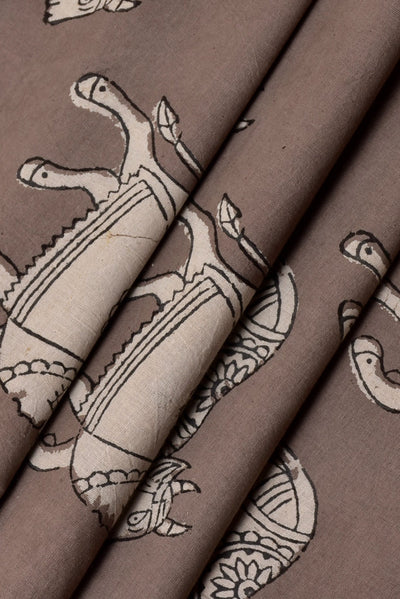 (Cut Piece 0.55 Mtr) Brown Cow Print Handblock Cotton Fabric