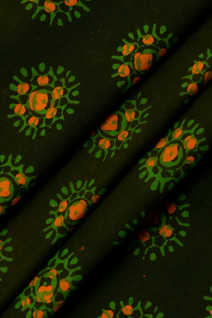 Dark Green Flower Print Cambric Cotton Fabric