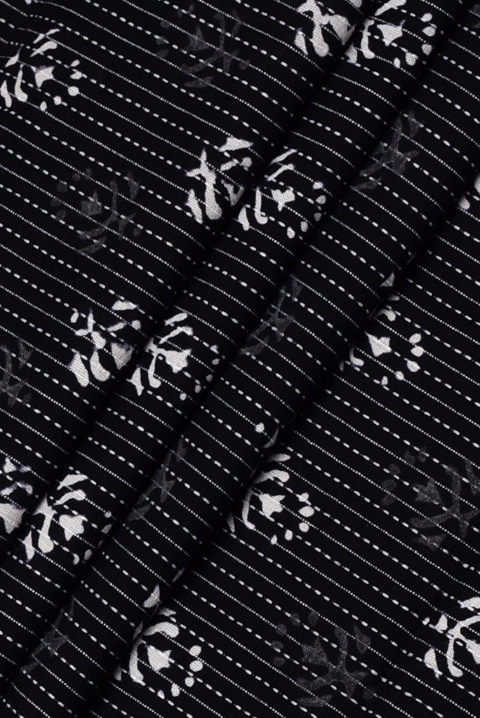 (Cut Piece 0.50 Mtr) Black Flower Print Kantha Cotton Fabric