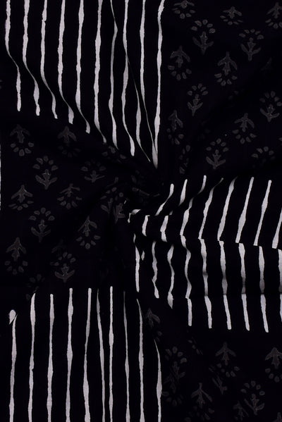 Black Flower & Strips Print Handblock Cotton Fabric
