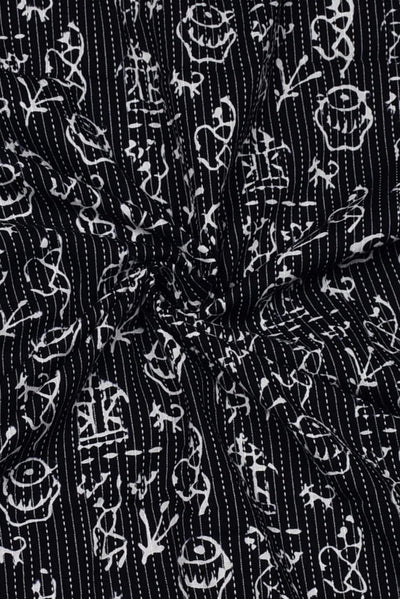 Black Object Print Kantha Cotton Fabric
