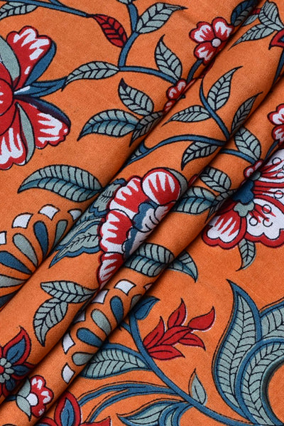 Orange Flower Print Rayon Fabric