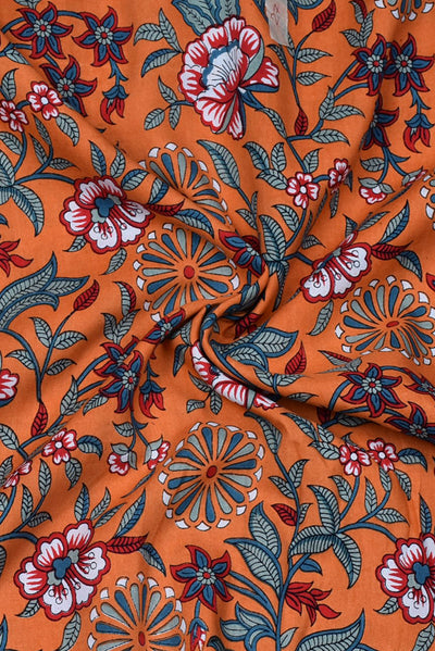 Orange Flower Print Rayon Fabric