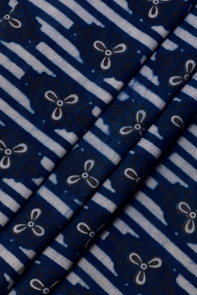 Blue Flower Print Indigo Handblock Cotton Fabric