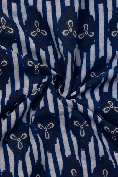 Blue Flower Print Indigo Handblock Cotton Fabric